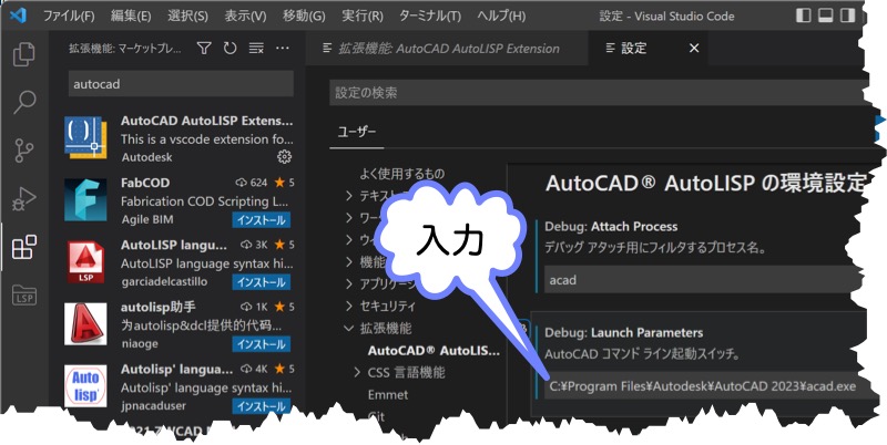 acad.exe のフルパスを入力