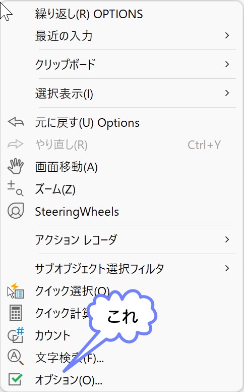 右クリック メニューから オプション を選択